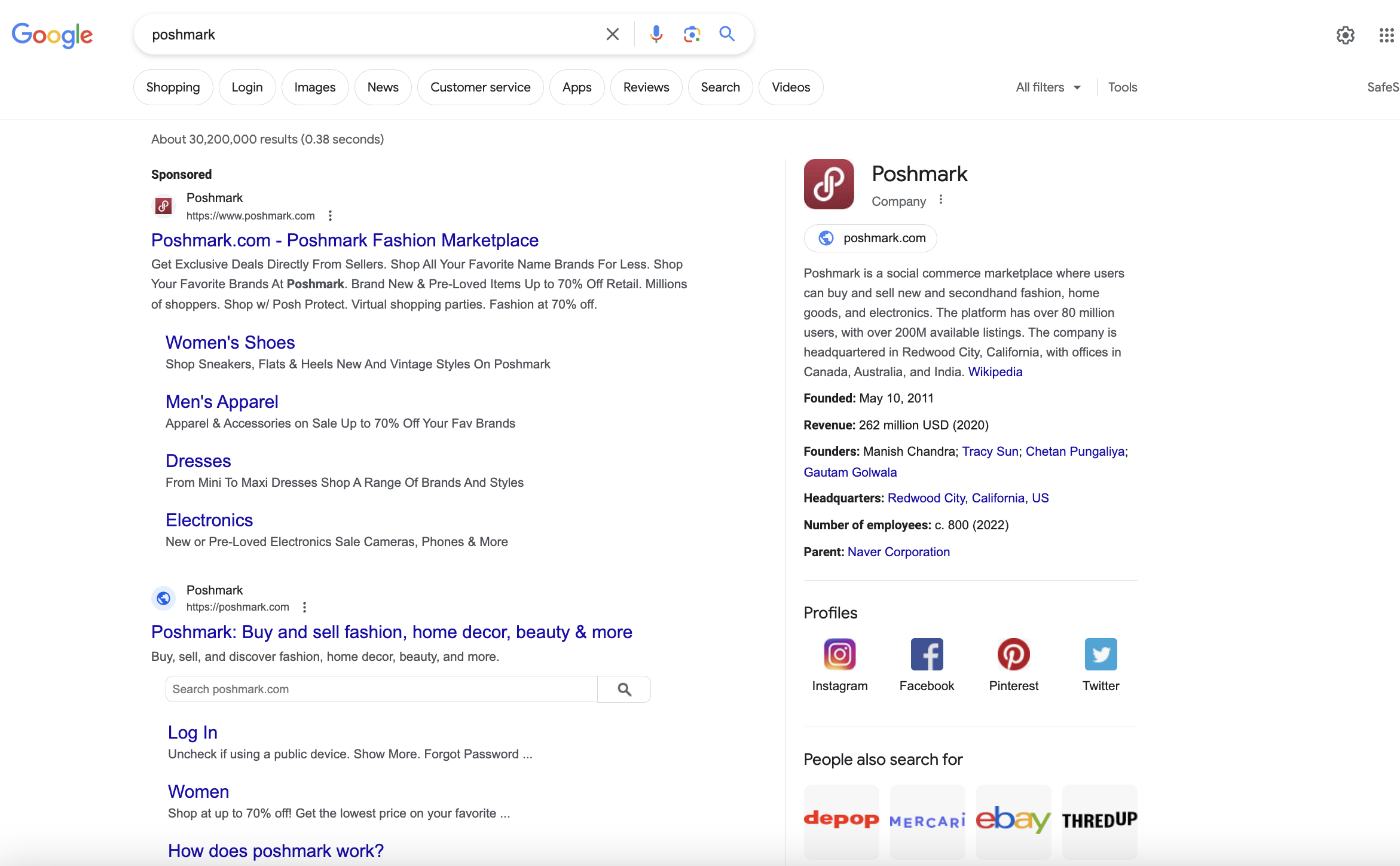 在谷歌上的波什马克搜索结果页面。该公司的社交档案列在屏幕右侧的知识小组中。