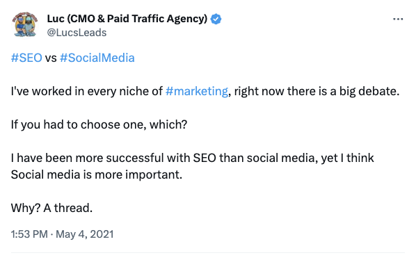 市场营销专业人士在X上的帖子,介绍社交媒体为什么比SEO更重要。